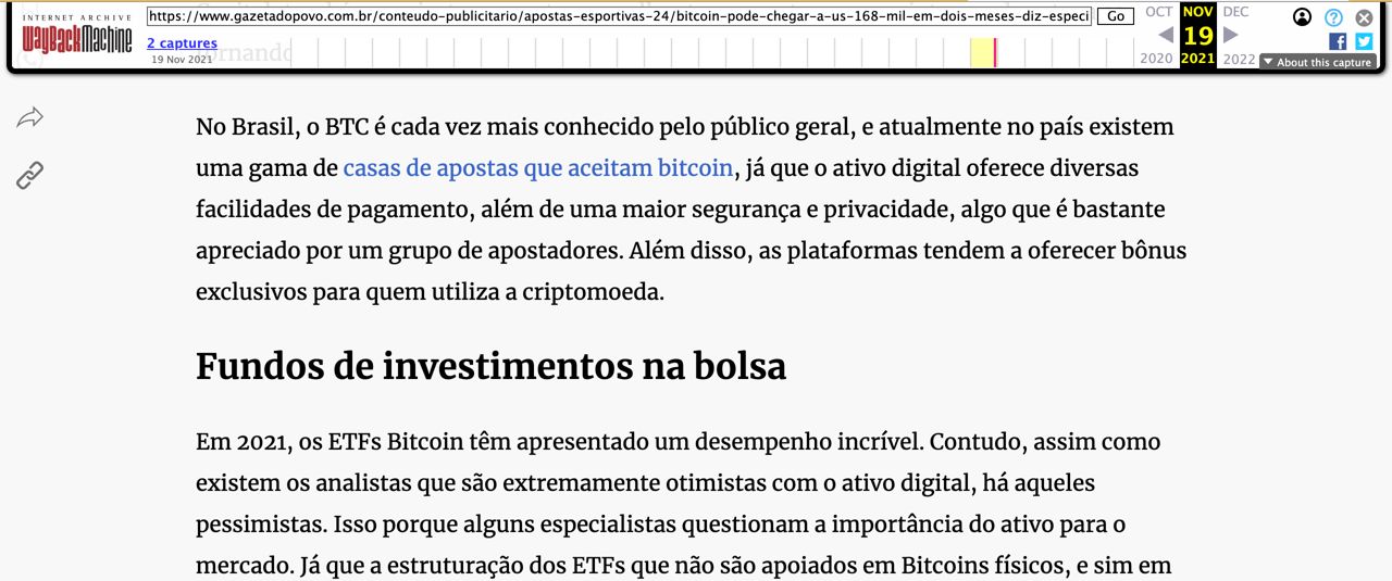 Internet Archive capture of a Gazeta do Povo sponsored article from November 2021 with the link 'casas de apostas que aceitam bitcoin' to apostasesportivas24.com