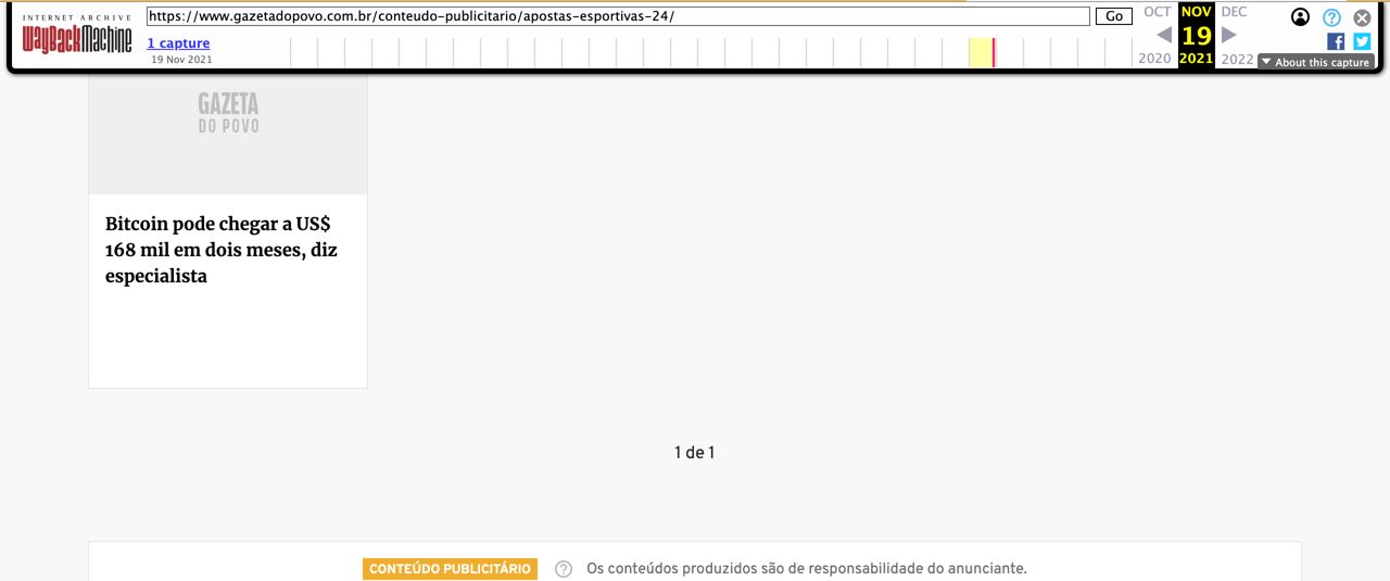 Internet Archive capture of Gazeta do Povo's Apostas Esportivas 24 branded-content hub on 19 November 2021, listing a sponsored article about Bitcoin, labelled Conteúdo Publicitário