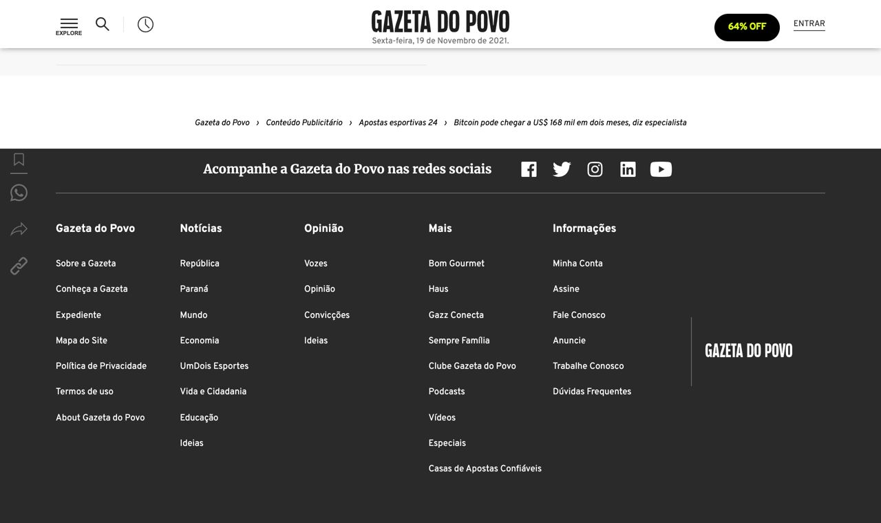 Internet Archive capture of Gazeta do Povo on 19 November 2021: under 'Mais' in the site-wide footer, 'Casas de Apostas Confiáveis' appears after Podcasts, Vídeos and Especiais