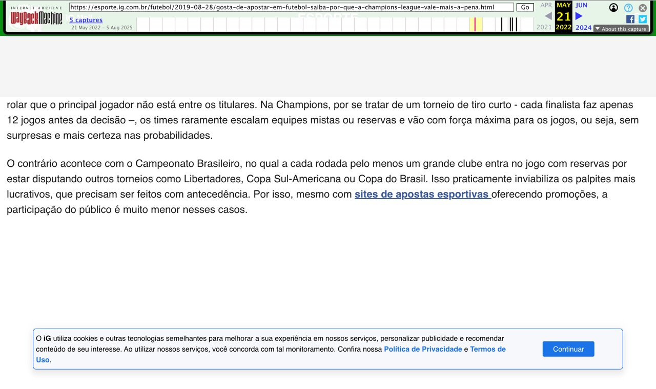 Internet Archive capture of the 2019 iG Esporte article, with the link 'sites de apostas esportivas' in the text