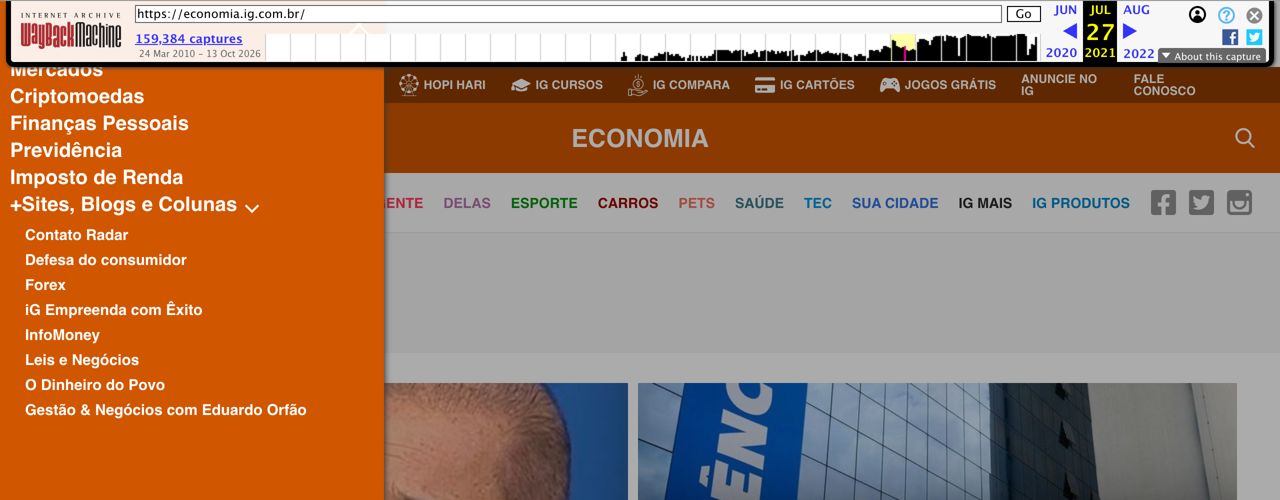 Internet Archive capture of iG Economia on 27 July 2021, with the menu open: under +Sites, Blogs e Colunas, a Forex link to confiavel.com sits between Defesa do consumidor and iG Empreenda com Êxito