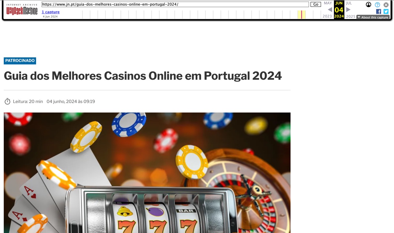 Internet Archive capture of Jornal de Notícias on 4 June 2024: the sponsored guide 'Guia dos Melhores Casinos Online em Portugal 2024', published 09:19