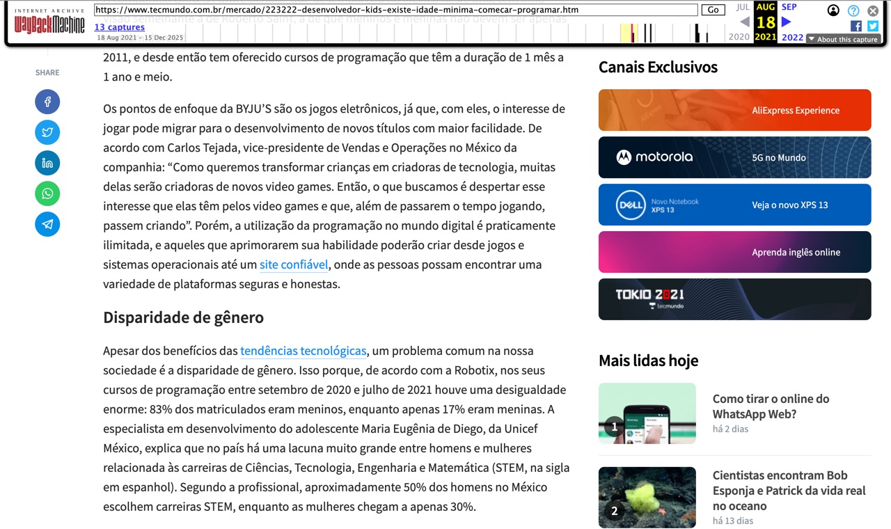 Internet Archive capture of a Tecmundo article from August 2021 with the link 'site confiável' to confiavel.com