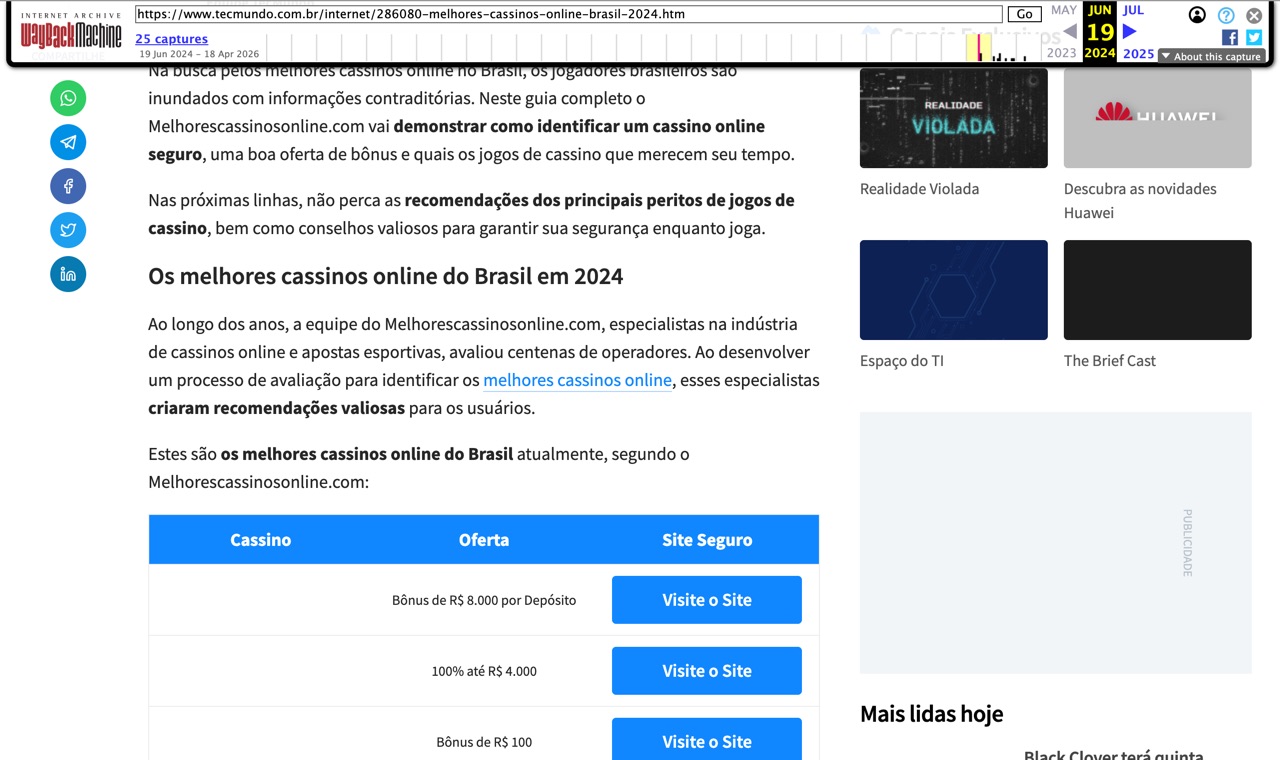 Internet Archive capture of a Tecmundo article from June 2024 with the link 'melhores cassinos online' to melhorescassinosonline.com