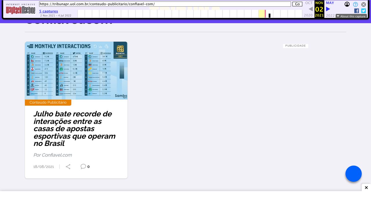 Internet Archive capture of Tribuna do Paraná's Confiavel.com branded-content hub on 2 November 2021, showing a sponsored article card 'Julho bate recorde de interações entre as casas de apostas esportivas que operam no Brasil', by Confiavel.com, 18/08/2021