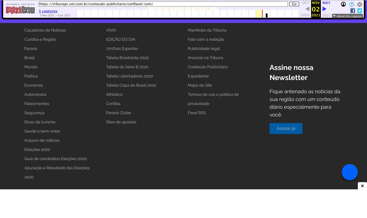 Internet Archive capture of Tribuna do Paraná on 2 November 2021: the site-wide footer lists 'Sites de apostas' alongside sections such as Athletico, Coritiba and Paraná Clube