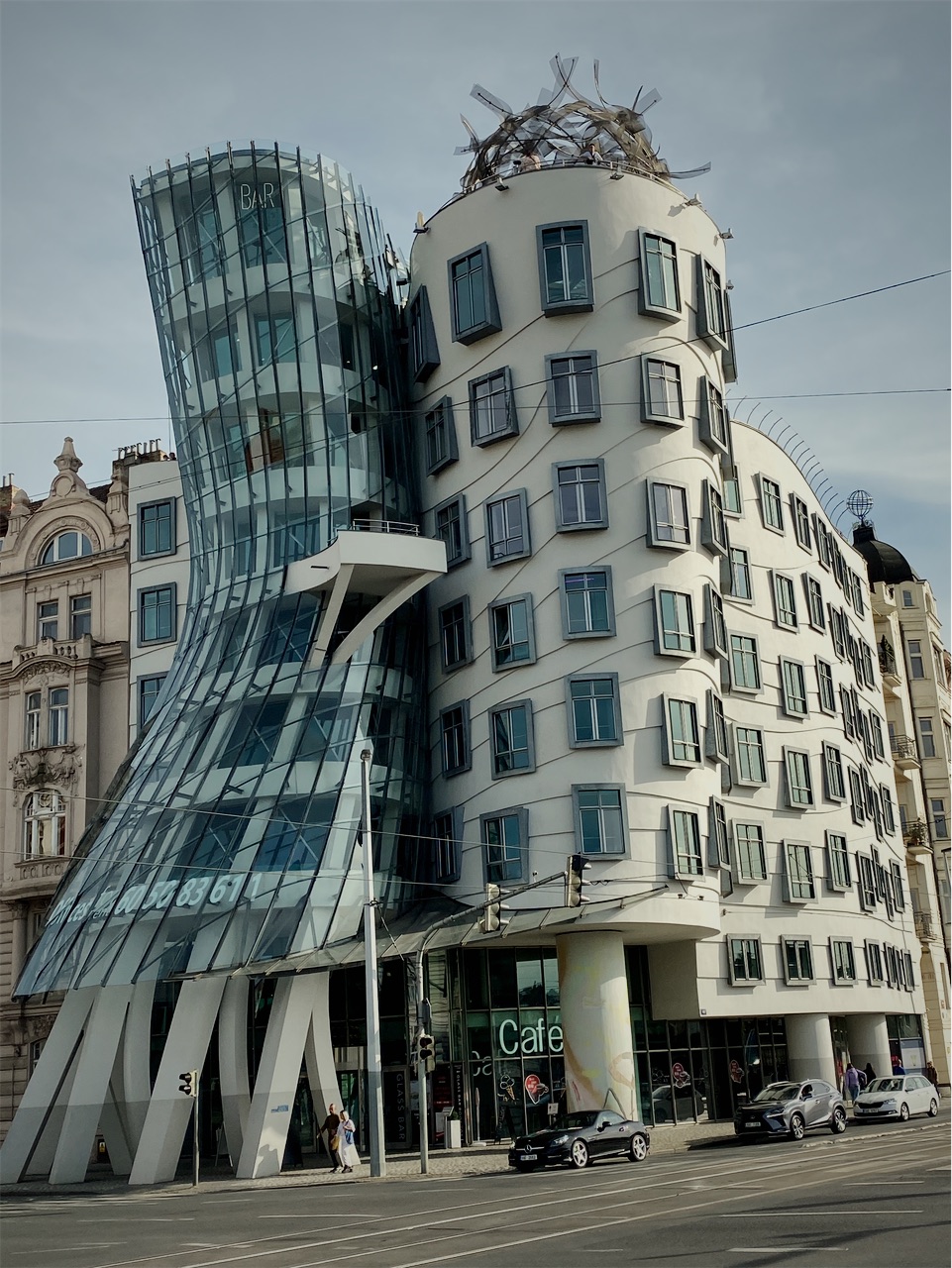 The Dancing House, a curved glass and concrete building